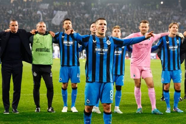 Sturm Graz v Club Brugge - UEFA Champions League KLAGENFURT, AUSTRIA - OCTOBER 02 : Tzolis Christos forward of Club Brugge and team mates celebrate the win pictured during the UEFA Champions League phase matchday 2 match between Sturm Graz and Club Brugge at the Worthersee Stadion on October 2, 2024 in Klagenfurt, Austria, 02 10 2024 Klagenfurt Austria  Copyright: xJanxDexMeuleneirx