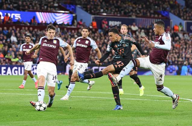 Football - 2024 2025 UEFA Champions League - League Phase - Matchday 2 8 - Aston Villa vs Bayern Munich - Villa Park - Wednesday 2nd October 2024 Jamal Musiala of Bayern Munich shoots at goal 