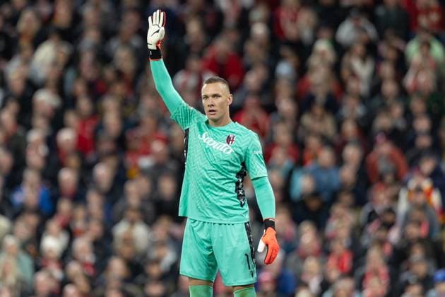 Liverpool v Bologna Champions League 02 10 2024. Bologna goalkeeper Åukasz Skorupski (1) during the Champions League match between Liverpool and Bologna at Anfield, Liverpool, England on 2 October 2024. Editorial use only , Copyright: xIanxStephenx PSI-20540-0048