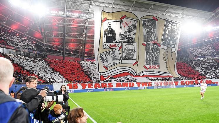 Soccer UEFA Champions League, season 2024 2025, group stage, match day 2, at the match RB Leipzig vs Juventus Turin 02 10 2024 2 3 1 0 Choreo of the fans of RB Leipzig before the match RB Leipzig vs Juventus Turin 02 10 2024 On display is an open book with pictures of former coach Ralf Rangnick, former coach Alexander Zorniger, former goalkeeper Fabio Coltorti, former player Emil Forsberg, and more In addition a saying can be read 15 Years and the story goes on Leipzig Saxony Germany Red Bull Arena