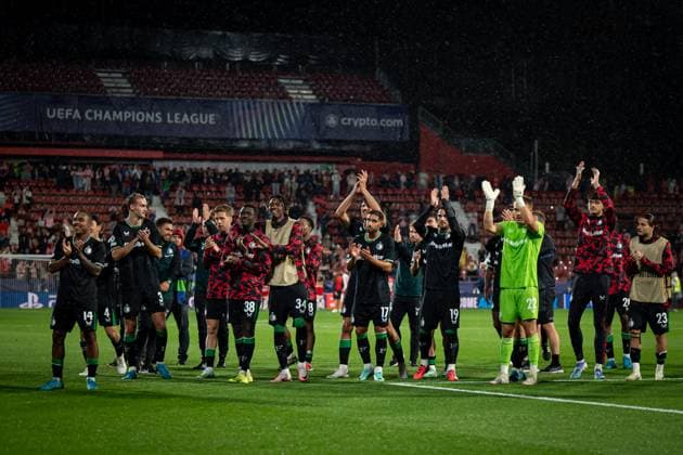 Feyenoord player are celebrating during a UEFA Champions League match between Girona FC and Feyenoord at Estadi Municipal de Montilivi in Girona, Girona, Spain, on October 02 2024. Photo by Felipe Mondino  Copyright: xFelipexMondino IPAxSportx xipa-ax xx IPA_50282951 IPA_Agency_IPA50282951