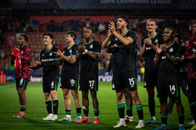 Feyenoord player are celebrating during a UEFA Champions League match between Girona FC and Feyenoord at Estadi Municipal de Montilivi in Girona, Girona, Spain, on October 02 2024. Photo by Felipe Mondino  Copyright: xFelipexMondino IPAxSportx xipa-ax xx IPA_50282956 IPA_Agency_IPA50282956