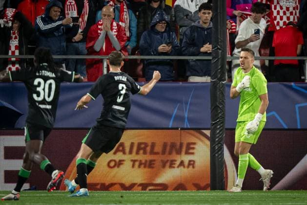 CALCIO - UEFA Champions League - Girona vs Feyenoord Goalkeeper Justin Bijlow (Feyenoord) stop a penalty kick during a UEFA Champions League match between Girona FC and Feyenoord at Estadi MunicPhoto by IPA ABACAPRESS.COMl de Montilivi in Girona, Girona, Spain, on October 02 2024. Photo by Felipe Mondino Girona Spain  Copyright: xIPAxSport ABACAx