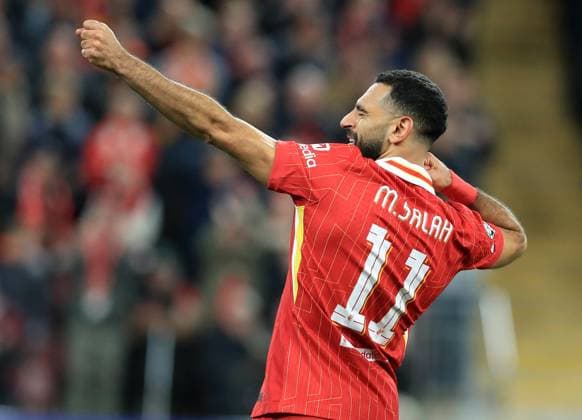 2nd October 2024; Anfield, Liverpool, Merseyside, England; Champions League Football, Liverpool versus Bologna; Mohammed Salah of Liverpool celebrates after scoring for 2-0 in the 75th minute  ActionPlus12699237 DavidxBlunsden