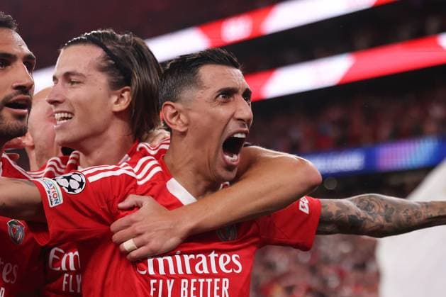 Portugal, Lisbon 2 October 2024 Uefa Champions League phase 2024 25 Matchday 2, S L Benfica Atletico de Madrid v l , Angel di Maria S L Benfica with the penalty to 1 0, Goal celebration, celebrate the goal Copyright: JoaquimxFerreira