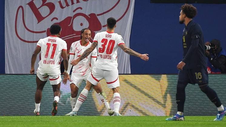 Soccer UEFA Champions League, 2024 2025 season, group stage, matchday 2, RB Leipzig v Juventus Turin 02 10 2024 2 3 1 0 Celebration after the goal for 2 1 by Benjamin Sesko Center midfielder RB Leipzig, back number 30, 30 3 v l during the match RB Leipzig v Juventus Turin Sesko celebrates with Lois Openda Center midfielder RB Leipzig, Back number 11, 11 left and Xavi Simons Offensive midfield RB Leipzig, back number 10 center Weston McKennie Central midfield Juventus Turin, back number 16 frustrated Leipzig Saxony Germany Red Bull Arena