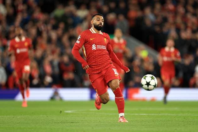Liverpool, England, 2nd October 2024. Mohamed Salah of Liverpool runs with the ball during the UEFA Champions League match at Anfield, Liverpool. Picture credit should read: Jessica Hornby Sportimage EDITORIAL USE ONLY. No use with unauthorised audio, video, data, fixture lists, club league logos or live services. Online in-match use limited to 120 images, no video emulation. No use in betting, games or single club league player publications. SPI-3353-0081