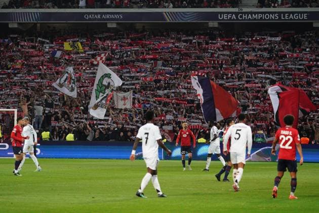 Lille fans with a display of scarves Lille v Real Madrid, UEFA Champions League, Group Stage, Football, Pierre Mauroy Stadium, Lille, France, 02 Oct 2024 EDITORIAL USE ONLY No use with unauthorised audio, video, data, fixture lists, club league logos or live services. Online in-match use limited to 120 images, no video emulation. No use in betting, games or single club league player publications. Copyright: xDavexWinter Shutterstockx 14750773jn