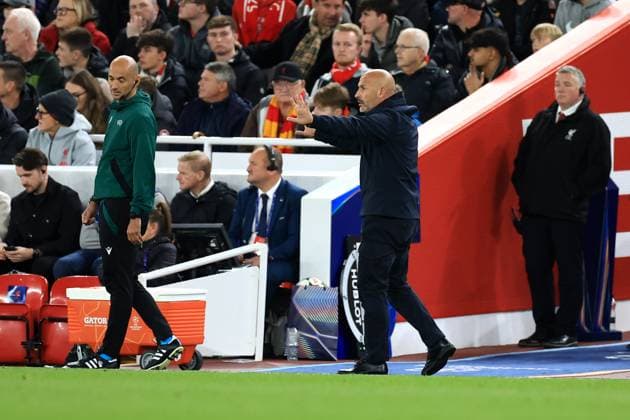 Liverpool, England, 2nd October 2024. Vincenzo Italiano, head coach of Bologna reacts during the UEFA Champions League match at Anfield, Liverpool. Picture credit should read: Jessica Hornby Sportimage EDITORIAL USE ONLY. No use with unauthorised audio, video, data, fixture lists, club league logos or live services. Online in-match use limited to 120 images, no video emulation. No use in betting, games or single club league player publications. SPI-3353-0095