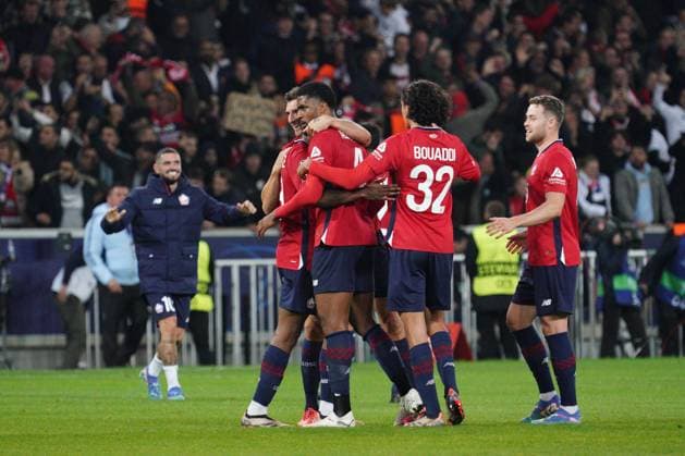 Lille players celebrate their 1-0 win Lille v Real Madrid, UEFA Champions League, Group Stage, Football, Pierre Mauroy Stadium, Lille, France, 02 Oct 2024 EDITORIAL USE ONLY No use with unauthorised audio, video, data, fixture lists, club league logos or live services. Online in-match use limited to 120 images, no video emulation. No use in betting, games or single club league player publications. Copyright: xDavexWinter Shutterstockx 14750773mb