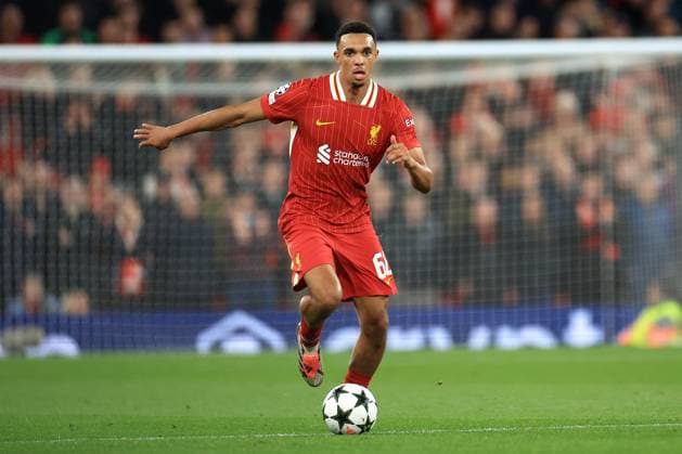 Liverpool, England, 2nd October 2024. Trent Alexander-Arnold of Liverpool runs with the ball during the UEFA Champions League match at Anfield, Liverpool. Picture credit should read: Jessica Hornby Sportimage EDITORIAL USE ONLY. No use with unauthorised audio, video, data, fixture lists, club league logos or live services. Online in-match use limited to 120 images, no video emulation. No use in betting, games or single club league player publications. SPI-3353-0109