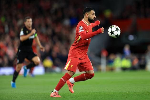 Liverpool, England, 2nd October 2024. Mohamed Salah of Liverpool runs with the ball during the UEFA Champions League match at Anfield, Liverpool. Picture credit should read: Jessica Hornby Sportimage EDITORIAL USE ONLY. No use with unauthorised audio, video, data, fixture lists, club league logos or live services. Online in-match use limited to 120 images, no video emulation. No use in betting, games or single club league player publications. SPI-3353-0119