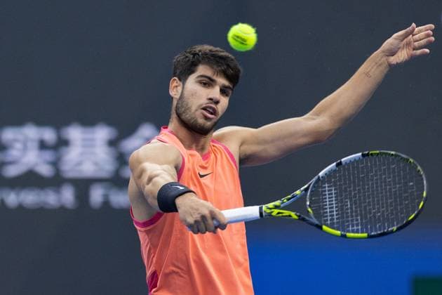 BEIJING, CHINA - OCTOBER 02: Carlos Alcaraz of Spain competes in the Men s Singles Final match against Jannik Sinner of Italy on day ten of 2024 China Open at National Tennis Center on October 2, 2024 in Beijing, China.  Copyright: xVCGx 111521667822