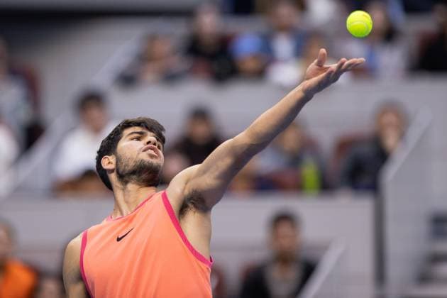 BEIJING, CHINA - OCTOBER 02: Carlos Alcaraz of Spain competes in the Men s Singles Final match against Jannik Sinner of Italy on day ten of 2024 China Open at National Tennis Center on October 2, 2024 in Beijing, China.  Copyright: xVCGx 111521667815