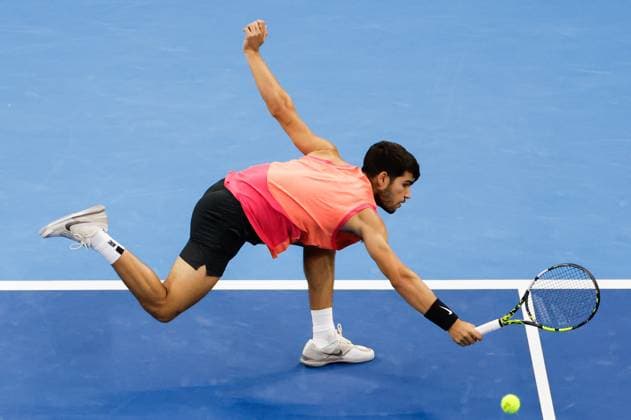 BEIJING, CHINA - OCTOBER 02: Carlos Alcaraz of Spain competes in the Men s Singles Final match against Jannik Sinner of Italy on day ten of 2024 China Open at National Tennis Center on October 2, 2024 in Beijing, China.  Copyright: xVCGx 111521667732