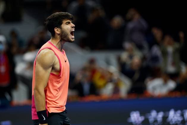 BEIJING, CHINA - OCTOBER 02: Carlos Alcaraz of Spain reacts in the Men s Singles Final match against Jannik Sinner of Italy on day ten of 2024 China Open at National Tennis Center on October 2, 2024 in Beijing, China.  Copyright: xVCGx 111521563731