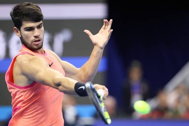 BEIJING, CHINA - OCTOBER 02: Carlos Alcaraz of Spain competes in the Men s Singles Final match against Jannik Sinner of Italy on day ten of 2024 China Open at National Tennis Center on October 2, 2024 in Beijing, China.  Copyright: xChinaxNewsxServicex 111521646461