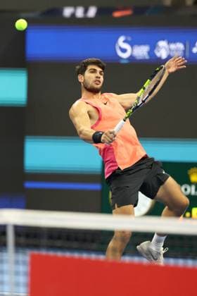 BEIJING, CHINA - OCTOBER 02: Carlos Alcaraz of Spain competes in the Men s Singles Final match against Jannik Sinner of Italy on day ten of 2024 China Open at National Tennis Center on October 2, 2024 in Beijing, China.  Copyright: xChinaxNewsxServicex 111521646143