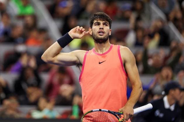 BEIJING, CHINA - OCTOBER 02: Carlos Alcaraz of Spain reacts in the Men s Singles Final match against Jannik Sinner of Italy on day ten of 2024 China Open at National Tennis Center on October 2, 2024 in Beijing, China.  Copyright: xVCGx 111521533121