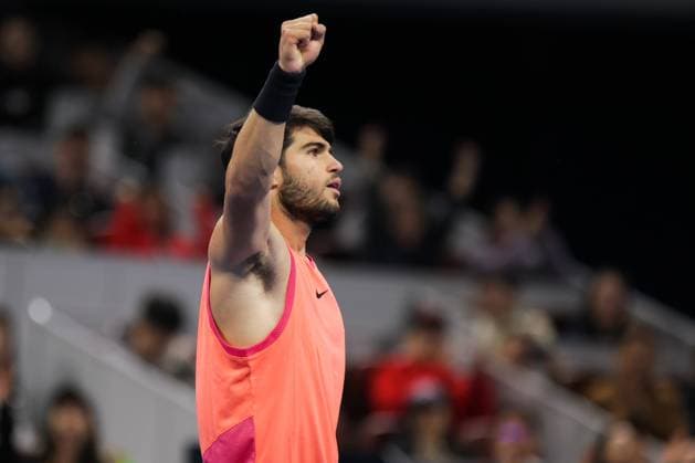 BEIJING, CHINA - OCTOBER 02: Carlos Alcaraz of Spain reacts in the Men s Singles Final match against Jannik Sinner of Italy on day ten of 2024 China Open at National Tennis Center on October 2, 2024 in Beijing, China.  Copyright: xVCGx 111521533117