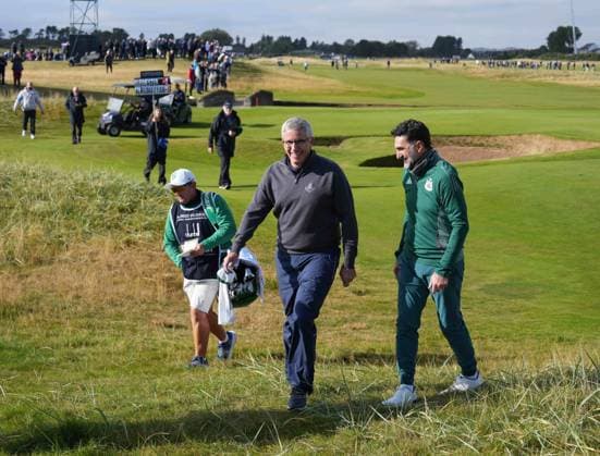 PGA, Golf Herren Tour Commissioner Jay Monahan is followed off the 18th green by LIV Golf & Newcastle United fc Chairman His Excellency Yasir Al Rumayyan. Alfred Dunhill Links Championship 2024, Day One, Golf, The Belfry, Angus and Fife, Scotland, UK - 03 Oct 2024  Copyright: xStuartxWallace Shutterstockx 14751990c
