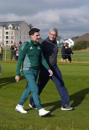 LIV Golf & Newcastle United fc Chairman His Excellency Yasir Al Rumayyan chats with PGA, Golf Herren Tour Commissioner Jay Monahan on the 18th hole. Alfred Dunhill Links Championship 2024, Day One, Golf, The Belfry, Angus and Fife, Scotland, UK - 03 Oct 2024  Copyright: xStuartxWallace Shutterstockx 14751990d