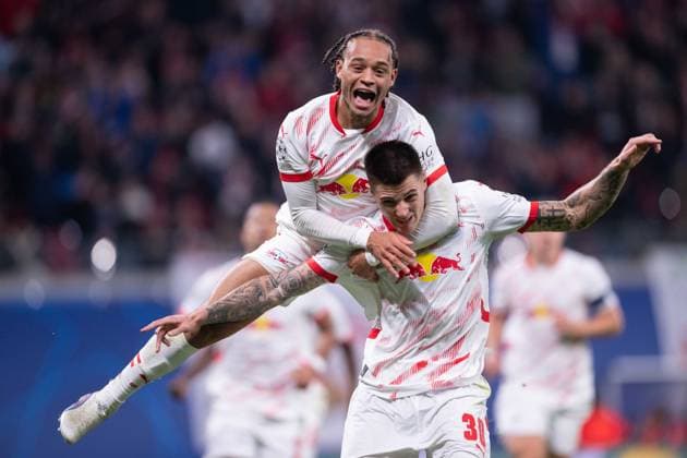 during UEFA Champions league Benjamin Sesko a goal celebrate with Xavi Simons match, RB Leipzig - Juventus Turin , 01. october 2024 Copyright: xMICHALxFAJT,ZOSPORTU.SKx DSC_4091
