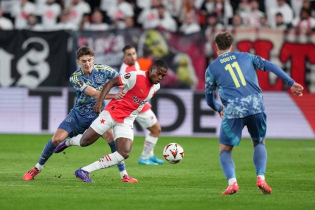 PRAGUE, 03-10-2024 , Eden Arena, football, UEFA Europa League, season 2024 2025, Match between Slavia Praag and Ajax , (L-R) Ajax player Youri Baas, Slavia Praag player Simion Michez Slavia Praag - Ajax  x26382259x Copyright: