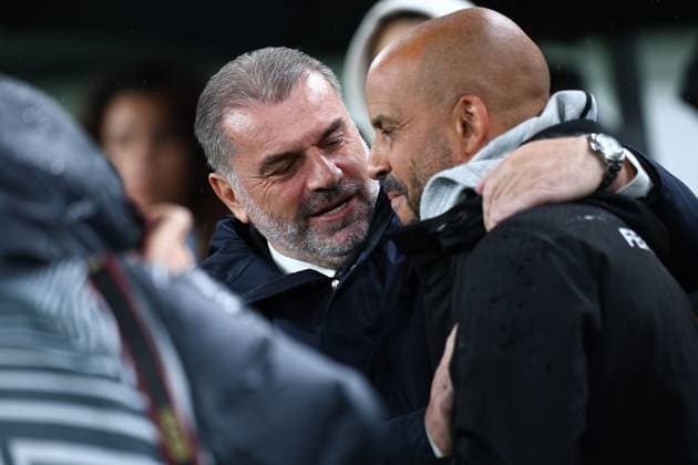 Ange Postecoglou manager of Tottenham Hotspur and Pascal Jansen manager of Ferencvaros Ferencvaros v Tottenham Hotspur, UEFA Europa League, Group Stage, Football, Groupama Arena, Budapest, Hungary, 03 Oct 2024 EDITORIAL USE ONLY No use with unauthorised audio, video, data, fixture lists, club league logos or live services. Online in-match use limited to 120 images, no video emulation. No use in betting, games or single club league player publications.  Copyright: xMichaelxZemanek Shutterstockx 14750796f