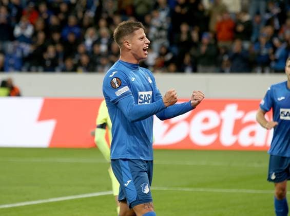 Goal celebration 1 0 H0ffenheim, scorer Adam Hlozek Hoffenheim Sport Soccer Europa League Season 24 25 TSG 1899 Hoffenheim Dynamo Kiev , Matchday 2, 03 10 2024