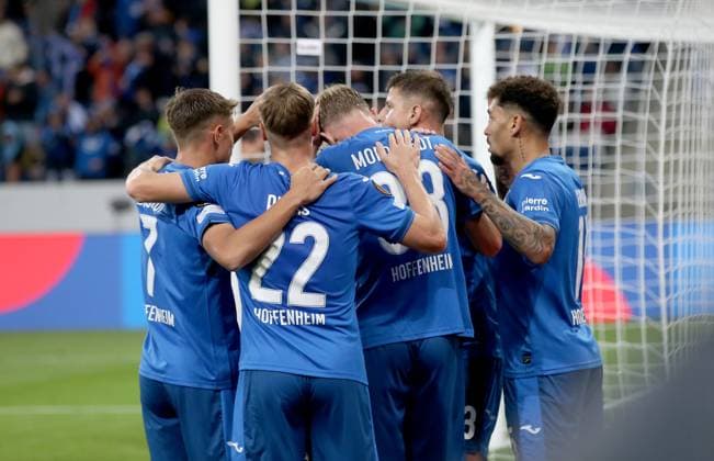 Goal celebration 1 0 H0ffenheim, by scorer Adam Hlozek Hoffenheim Sport Soccer Europa League Season 24 25 TSG 1899 Hoffenheim Dynamo Kiev , Matchday 2, 03 10 2024