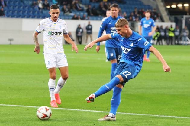 03 10 2024, xtvx, Football UEFA Europa League, TSG 1899 Hoffenheim Dynamo Kiev emspor, v l Alexander Prass TSG 1899 Hoffenheim Torschuss, has a shot on goal DFL DFB REGULATIONS PROHIBIT ANY USE OF PHOTOGRAPHS as IMAGE SEQUENCES and or QUASI VIDEO Sinsheim