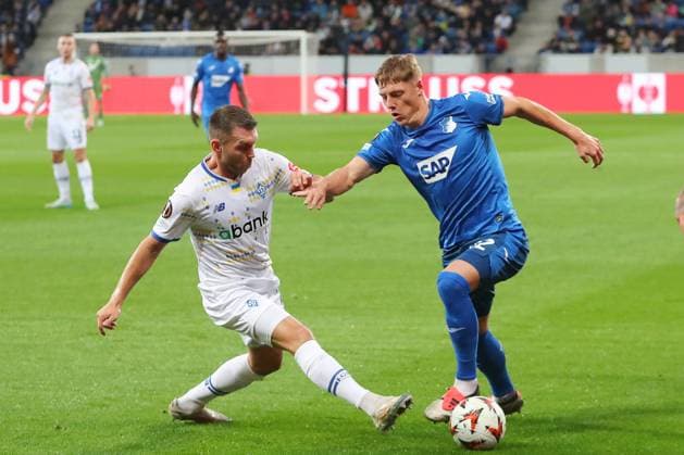 03 10 2024, xtvx, Football UEFA Europa League, TSG 1899 Hoffenheim Dynamo Kiev emspor, v l Oleksandr Karavalev FC Dynamo Kyiv Alexander Prass TSG 1899 Hoffenheim Zweikampf, Duell, duel, tackle, compete DFL DFB REGULATIONS PROHIBIT ANY USE OF PHOTOGRAPHS as IMAGE SEQUENCES and or QUASI VIDEO Sinsheim
