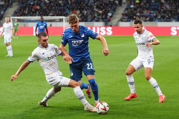 03 10 2024, xtvx, Football UEFA Europa League, TSG 1899 Hoffenheim Dynamo Kiev emspor, v l Oleksandr Karavalev FC Dynamo Kyiv Alexander Prass TSG 1899 Hoffenheim Zweikampf, Duell, duel, tackle, compete DFL DFB REGULATIONS PROHIBIT ANY USE OF PHOTOGRAPHS as IMAGE SEQUENCES and or QUASI VIDEO Sinsheim