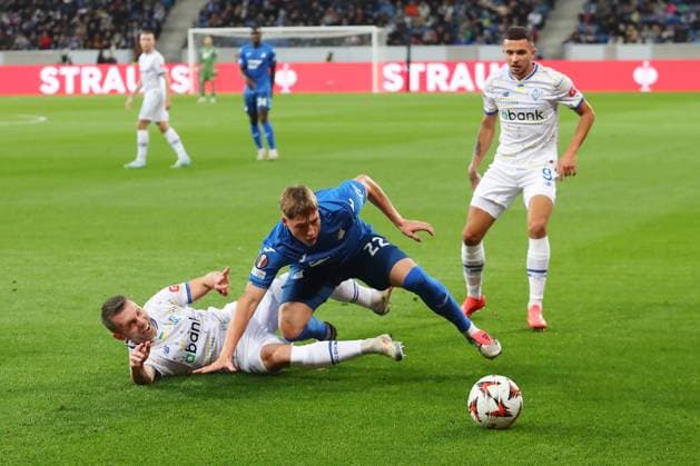 03 10 2024, xtvx, Football UEFA Europa League, TSG 1899 Hoffenheim Dynamo Kiev emspor, v l Oleksandr Karavalev FC Dynamo Kyiv Alexander Prass TSG 1899 Hoffenheim Zweikampf, Duell, duel, tackle, compete DFL DFB REGULATIONS PROHIBIT ANY USE OF PHOTOGRAPHS as IMAGE SEQUENCES and or QUASI VIDEO Sinsheim