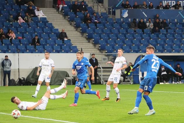 03 10 2024, xtvx, Football UEFA Europa League, TSG 1899 Hoffenheim Dynamo Kiev emspor, v l Goal scored, Goal to 1 0 Adam Hlozek TSG 1899 Hoffenheim DFL DFB REGULATIONS PROHIBIT ANY USE OF PHOTOGRAPHS as IMAGE SEQUENCES and or QUASI VIDEO Sinsheim