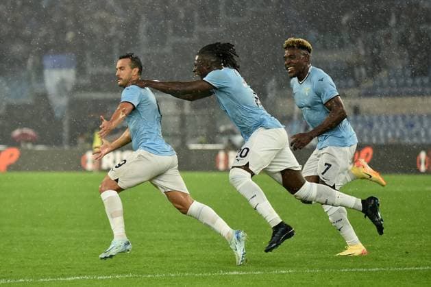 Pedro Eliezer Rodriguez Ledesma of SS Lazio celebrates with Loum Tchaouna and Fisayo Dele-Bashiru after scoring the goal of 1-0 during the Europa League football match between SS Lazio and OGC Nice at Olimpico stadium in Rome (Italy), October 3, 2024. AntoniettaxBaldassarre
