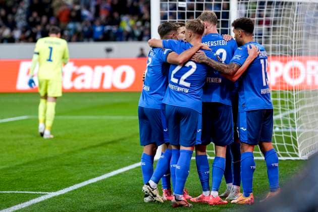 TSG 1899 Hoffenheim players, cheer about the goal to 1 0, jubilation, goal celebration, celebrate the goal, goal, celebration, cheers about the goal, rejoicing, joy, rejoices, optimistic, positive, game scene, Highlight, Action, Action, 03 10 2024, Sinsheim Germany , Football, UEFA Europa League, Group Stage, TSG 1899 Hoffenheim Dynamo Kiev, REGULATIONS PROHIBIT ANY USE OF PHOTOGRAPHS AS IMAGE SEQUENCES AND OR QUASI VIDEO xozx