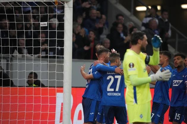Europa League, TSG 1899 Hoffenheim vs FC Dynamo Kiev 03 10 2024, PreZero Arena, Sinsheim, Europa League, TSG 1899 Hoffenheim vs FC Dynamo Kiev , in the picture Adam Hlozek Hoffenheim is happy about the goal for 1 0 Sinsheim PreZero Arena Germany ,EDITORIAL USE ONLY