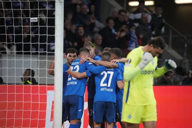 Europa League, TSG 1899 Hoffenheim vs FC Dynamo Kiev 03 10 2024, PreZero Arena, Sinsheim, Europa League, TSG 1899 Hoffenheim vs FC Dynamo Kiev , in the picture Adam Hlozek Hoffenheim is happy about the goal for 1 0 Sinsheim PreZero Arena Germany ,EDITORIAL USE ONLY