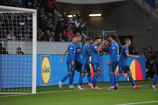 Europa League, TSG 1899 Hoffenheim vs FC Dynamo Kiev 03 10 2024, PreZero Arena, Sinsheim, Europa League, TSG 1899 Hoffenheim vs FC Dynamo Kiev , in the picture Adam Hlozek Hoffenheim is happy about the goal for 1 0 Sinsheim PreZero Arena Germany ,EDITORIAL USE ONLY