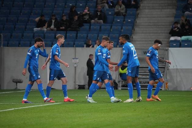 Europa League, TSG 1899 Hoffenheim vs FC Dynamo Kiev 03 10 2024, PreZero Arena, Sinsheim, Europa League, TSG 1899 Hoffenheim vs FC Dynamo Kiev , in the picture Adam Hlozek Hoffenheim is happy about the goal for 1 0 Sinsheim PreZero Arena Germany ,EDITORIAL USE ONLY