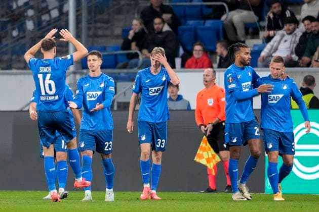 from left Anton Stach Hoffenheim, 16 , scorer Adam Hlozek Hoffenheim, 23 , Max Moerstedt Hoffenheim, 33 , Kevin Akpoguma Hoffenheim, 25 , Pavel Kaderabek Hoffenheim, 3 , TSG 1899 Hoffenheim players, celebrate the goal, goal, celebration, celebrates the goal, rejoice, joy, rejoices, optimistic, positive, game scene, highlight, action, 03 10 2024, Sinsheim Germany , football, UEFA Europa League, group stage, TSG 1899 Hoffenheim Dynamo Kiev, REGULATIONS PROHIBIT ANY USE OF PHOTOGRAPHS AS IMAGE SEQUENCES AND OR QUASI VIDEO xozx