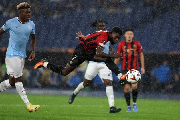 October 3, 2024, Rome, Milan, Italy: Rome, Italy 03.10.2024: Jeremie Boga of Nice score the goal and celebrate with the team during the Uefa Europa League 2024-2025, day 2, football match between SS Lazio vs Ogc Nice at Olympic Stadium in Rome. CALCIO - UEFA Europa League - SS Lazio vs OGC Nice  - ZUMAs349 20241003_zsa_s349_037 Copyright: xMarcoxIacobucci IpaxSportx xIpax