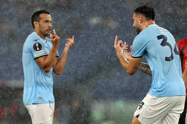 CALCIO - UEFA Europa League - SS Lazio vs OGC Nice Rome, Italy 03.10.2024: Pedro of Lazio, Mario Gila of Lazio during the Uefa Europa League 2024-2025, day 2, football match between SS Lazio vs Ogc Nice at Olympic Stadium in Rome. Rome Italy  Copyright: xIPAxSport ABACAx
