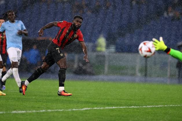 CALCIO - UEFA Europa League - SS Lazio vs OGC Nice Rome, Italy 03.10.2024: Jeremie Boga of Nice score the goal and celebrate with the team during the Uefa Europa League 2024-2025, day 2, football match between SS Lazio vs Ogc Nice at Olympic Stadium in Rome. Rome Italy  Copyright: xIPAxSport ABACAx