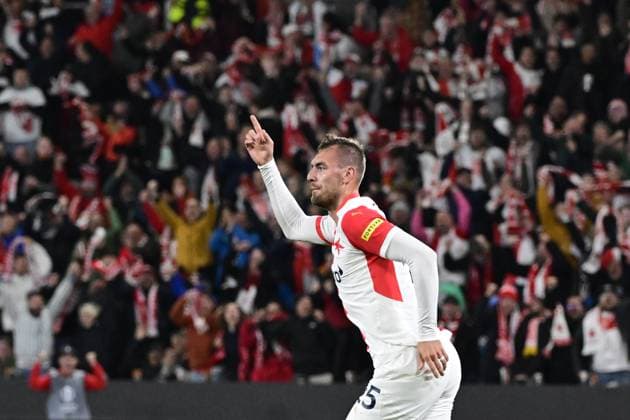 Tomas Chory (Slavia) celebrates a goal in the Football Europa League 2nd round match SK Slavia Prague vs Ajax Amsterdam in Prague, Czech Republic, October 3, 2024. (CTKxPhoto OndrejxDeml) CTKPhotoP2024100306953  CTKPhotoP2024100306953