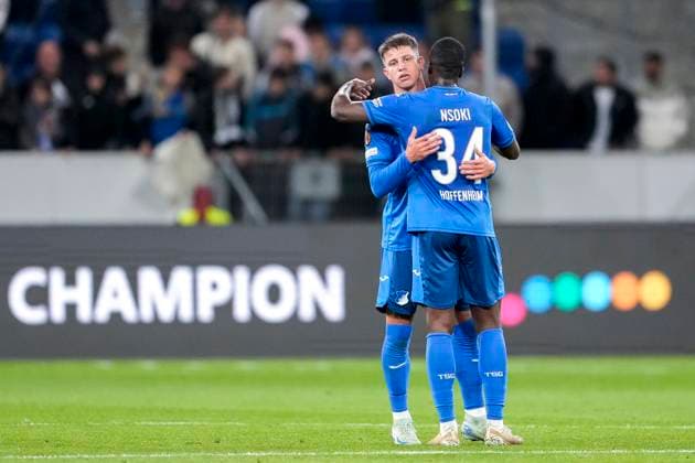 From left Adam Hlozek Hoffenheim, 23 , Stanley Pierre Nsoki N Soki, Hoffenheim, 34 , TSG 1899 Hoffenheim player, jubilation after the final whistle, joy of victory, winner, winners, cheers, cheer, cheerful, positive, rejoice, rejoice, optimistic, highlight, action, action, 03 10 2024, Sinsheim Germany , football, UEFA Europa League, group stage, TSG 1899 Hoffenheim Dynamo Kiev, REGULATIONS PROHIBIT ANY USE OF PHOTOGRAPHS AS IMAGE SEQUENCES AND OR QUASI VIDEO xozx