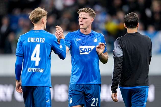 from left Tim Drexler Hoffenheim, 4 , Marius Bülter Hoffenheim, 21 , TSG 1899 Hoffenheim player, cheering after the final whistle, joy about the victory, winner, winners, cheers, cheering, cheerful, positive, happy, rejoice, optimistic, highlight, action, action, 03 10 2024, Sinsheim Germany , football, UEFA Europa League, group stage, TSG 1899 Hoffenheim Dynamo Kiev, REGULATIONS PROHIBIT ANY USE OF PHOTOGRAPHS AS IMAGE SEQUENCES AND OR QUASI VIDEO xozx