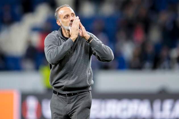 Pellegrino Matarazzo Rino, coach, head coach, Hoffenheim , single image, single photo, action, action, cheering after the final whistle, joy about the victory, winner, winners, cheers, cheering, cheerful, positive, rejoices, rejoice, optimistic, highlight, action, action, 03 10 2024, Sinsheim Germany , football, UEFA Europa League, group stage, TSG 1899 Hoffenheim Dynamo Kiev, REGULATIONS PROHIBIT ANY USE OF PHOTOGRAPHS AS IMAGE SEQUENCES AND OR QUASI VIDEO xozx